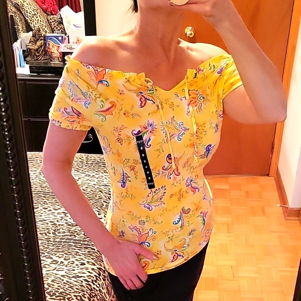Chaps Yellow Floral Off-the-Shoulder Puff Sleeve 100% Cotton Blouse, S